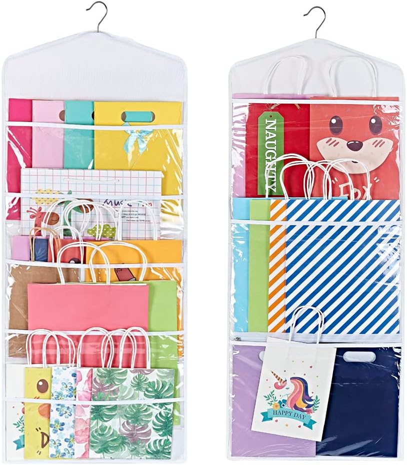 ProPik Hanging Double Sided Gift Bag Storage Organizer with Multiple Front and Back Pockets - Organize Your Gift Wrap, Tissue Paper, and Paper Bags 38 x 16 Inch PVC (White)