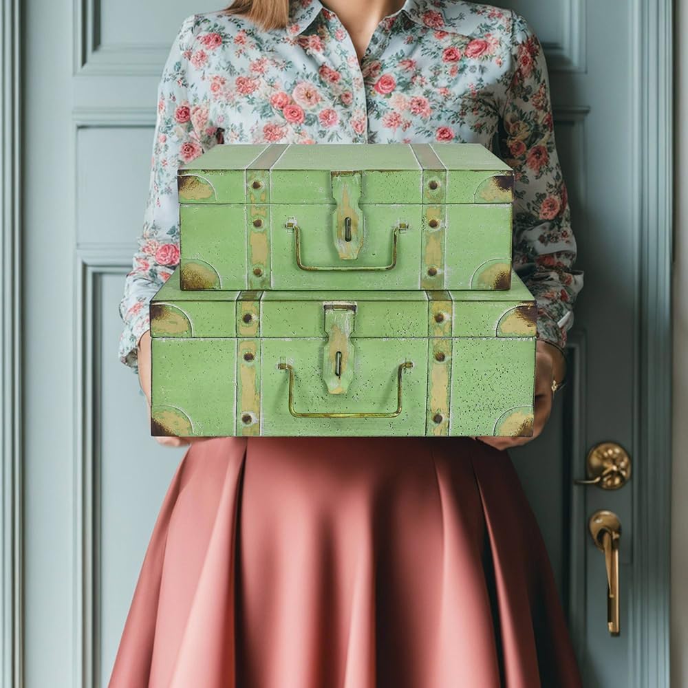 Vintage Metal Storage Trunks - Set of 2, Antique Decorative Storage Chests with Lids, Decorative Suitcase Boxes, Vintage Suitcases for Keepsakes and Home Decor, Green