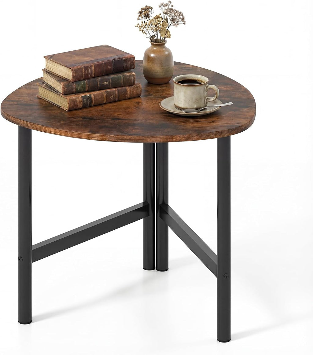 GOFLAME Triangular End Table, Modern Sofa Couch Side Table with Wood Faux Marble Top & Metal Legs, Small Coffee Tables for Small Spaces, Living Room, Nightstand for Bedroom (Rustic Brown & Black,1)