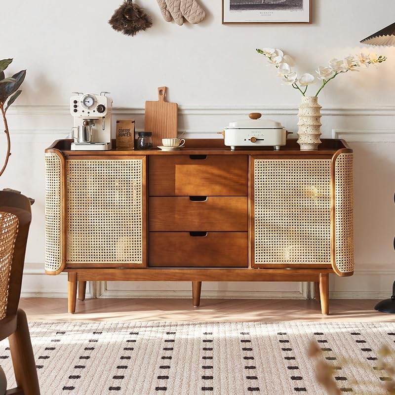Entryway Cabinet Chinese Style Wooden Sideboard Dining Room with Drawers Double Door Rattan Storage Cabinet Multifunctional Storage Cabinet Sideboard Storage Cabinet