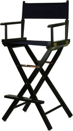 30-inch Directors Chair with Black Wood Frame and Navy Blue Canvas Seat and Backrest Folding Portable Bar Height Tall Chair for Makeup Artists, Filmmaking Events, Patio Camping, and Home Use