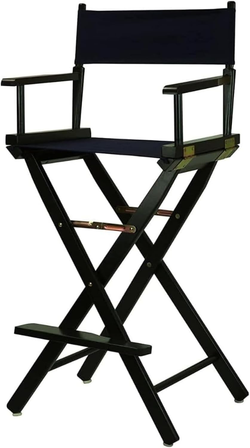 30-inch Directors Chair with Black Wood Frame and Navy Blue Canvas Seat and Backrest Folding Portable Bar Height Tall Chair for Makeup Artists, Filmmaking Events, Patio Camping, and Home Use