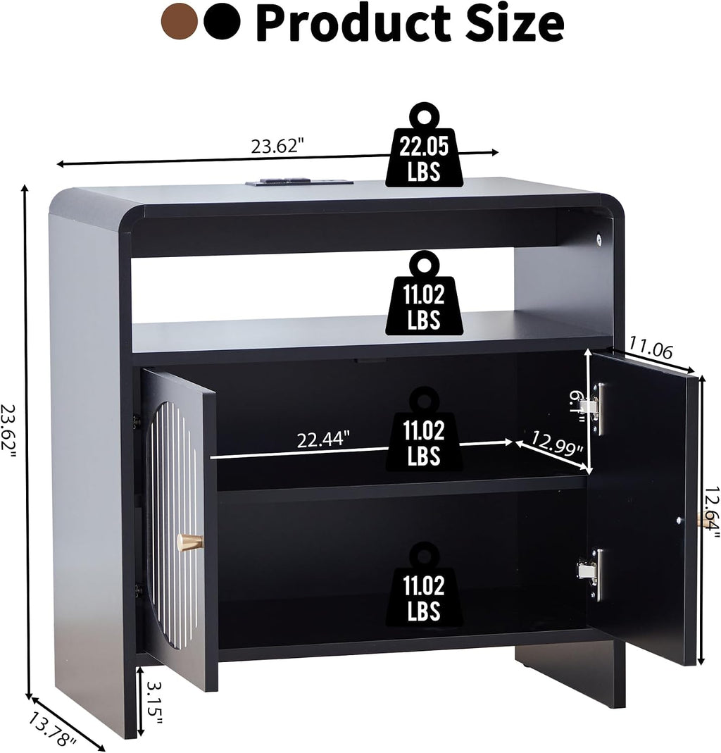 23.6" Modern Black Nightstand Set of 2 with Chariging Station 2AC+USB+Type-C, Classic Striped Side Table with Door+Storage Shelf, Rectangle End Table for Living Room, Bedroom (2, Black)