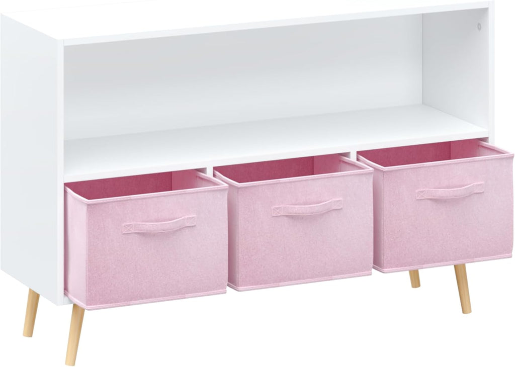 PVWIIK Kids 2-Tier Bookcase with Collapsible Fabric Drawers,Toy Storage Cabinet Organizer,Book Display Storage Cabinet Organizer,Cute for Playroom Livingroom,White/Pink