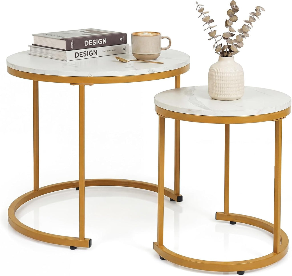 GOFLAME Nesting Coffee Tables Set of 2, Stacking Round Center Table with Wooden Tabletop & Powder Coated Steel Frame, Living Room Coffee End Table Set for Apartment, Bedroom (White & Gold)
