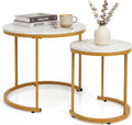 GOFLAME Nesting Coffee Tables Set of 2, Stacking Round Center Table with Wooden Tabletop & Powder Coated Steel Frame, Living Room Coffee End Table Set for Apartment, Bedroom (White & Gold)