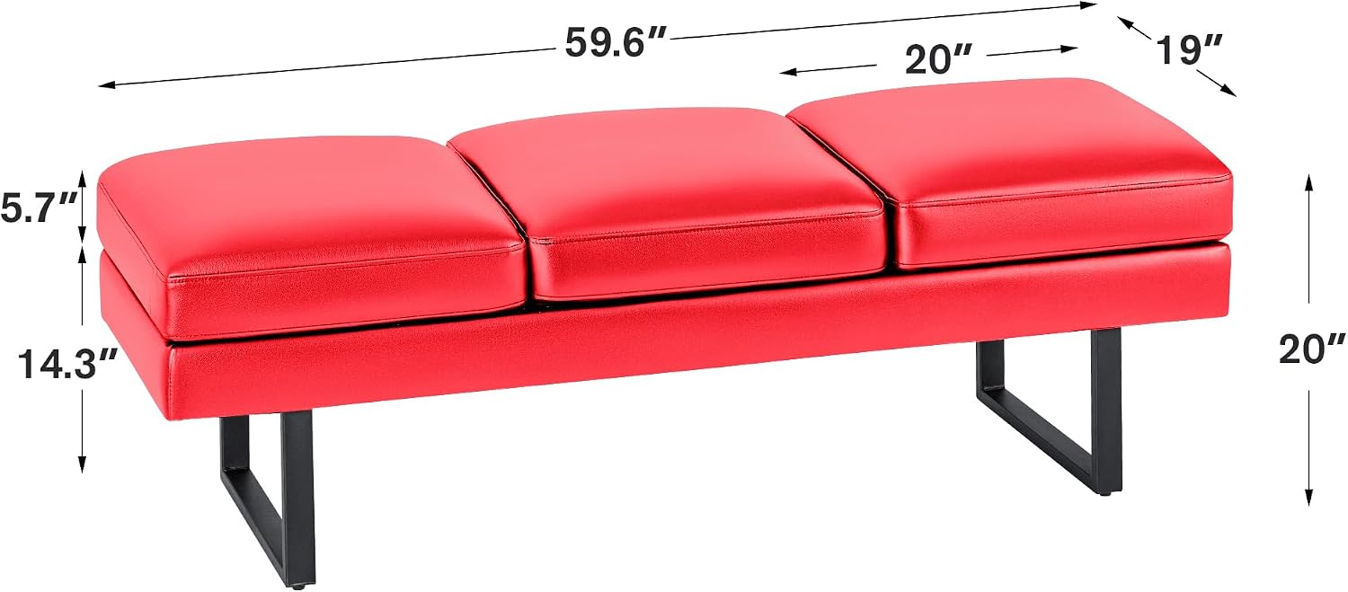 Furmax Waiting Room Chairs Faux Leather Office Guest Chair, 59.6 Inches Conference Room Chairs 3 Seats Upholstered Reception Bench, Lobby Furniture for Salon and Shop, Red