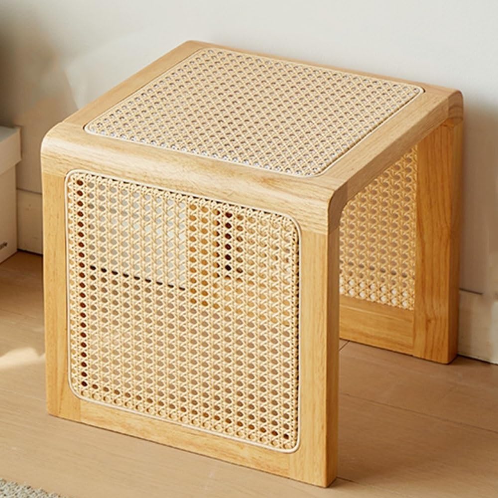 Square Rattan Side Table Modern Small Wooden Coffee Table Wood and Hand-Woven Rattan End Table Nightstand for Living Room Long Lasting