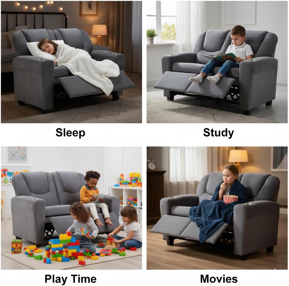 Naomi Home Suri Kids Recliner Loveseat – Comfortable 2-Seater Kids Recliner with Dual Cup Holders, Footrests, Soft Microfiber, Stable Frame, Assembly