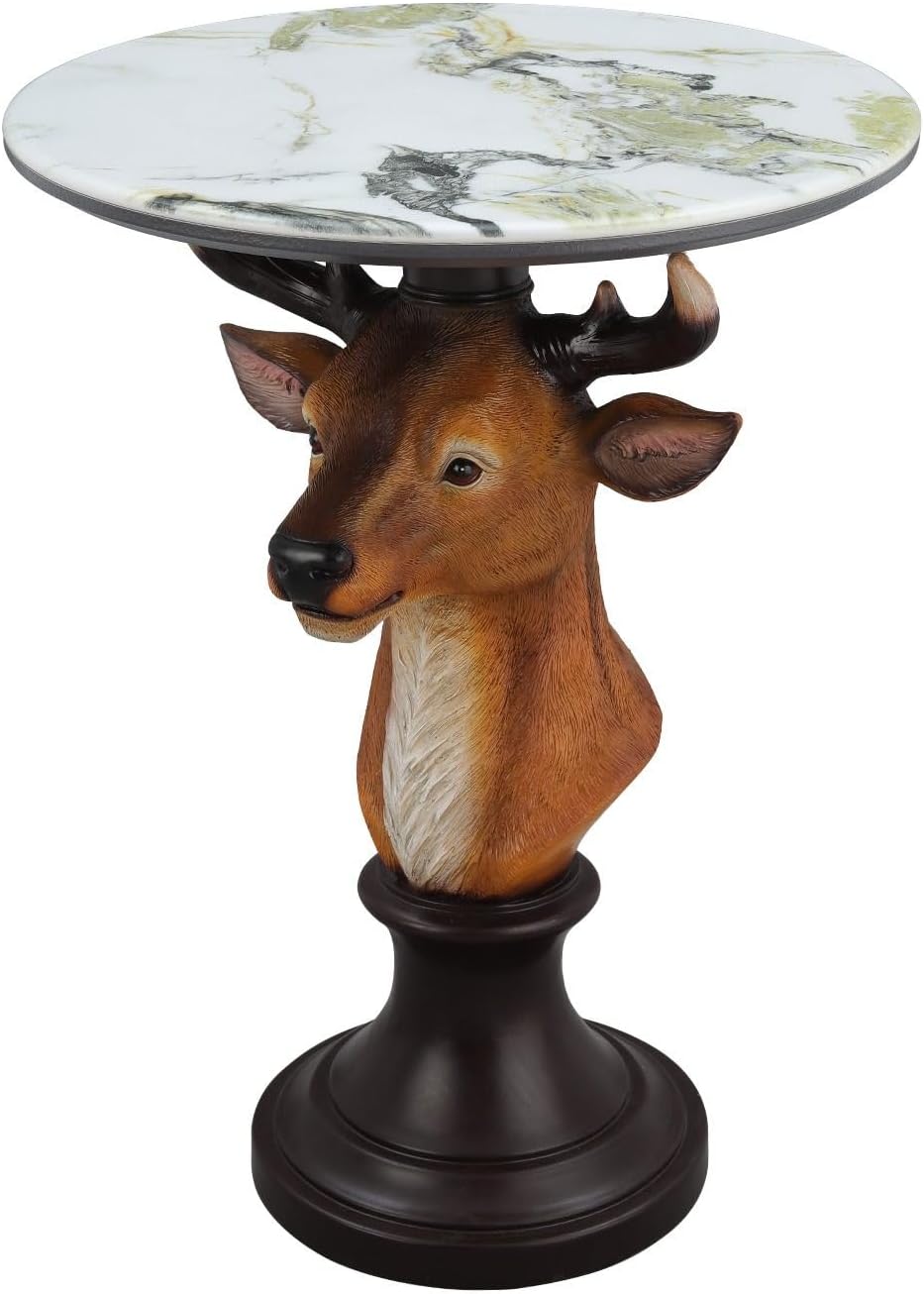 Deer Head Accent Table with Faux Marble Top, 25.59" Resin Animal Statue End Table for Living Room, Rustic Wildlife Side Table with Pedestal Base, Brown