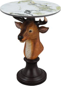 Deer Head Accent Table with Faux Marble Top, 25.59" Resin Animal Statue End Table for Living Room, Rustic Wildlife Side Table with Pedestal Base, Brown