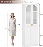 Cyclysio 80" Kitchen Pantry, Tall Arch Storage Cabinet with Tempered Glass & Soft Close Doors, Freestanding Wood Floor Cupboard Bookcase with Seamless Fit Wall for Dining Living Room, Bathroom (White)
