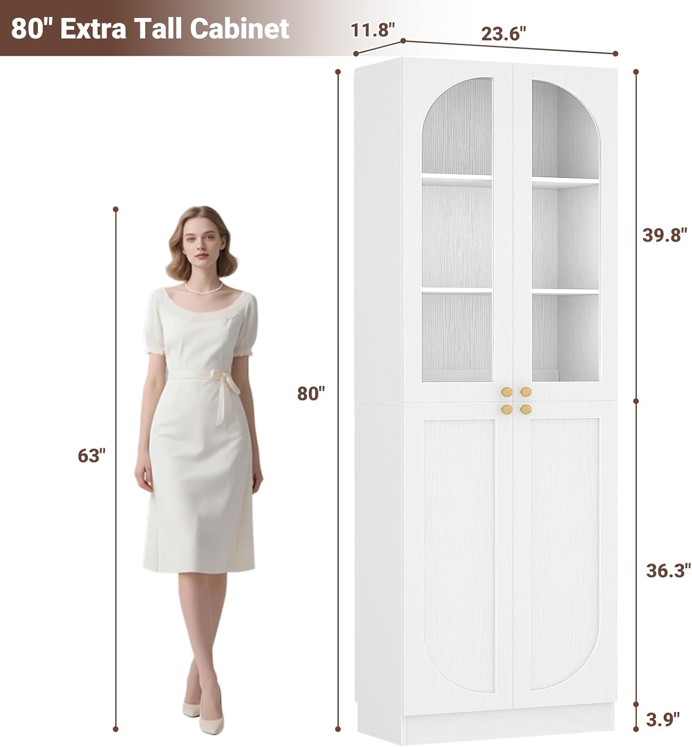 Cyclysio 80" Kitchen Pantry, Tall Arch Storage Cabinet with Tempered Glass & Soft Close Doors, Freestanding Wood Floor Cupboard Bookcase with Seamless Fit Wall for Dining Living Room, Bathroom (White)