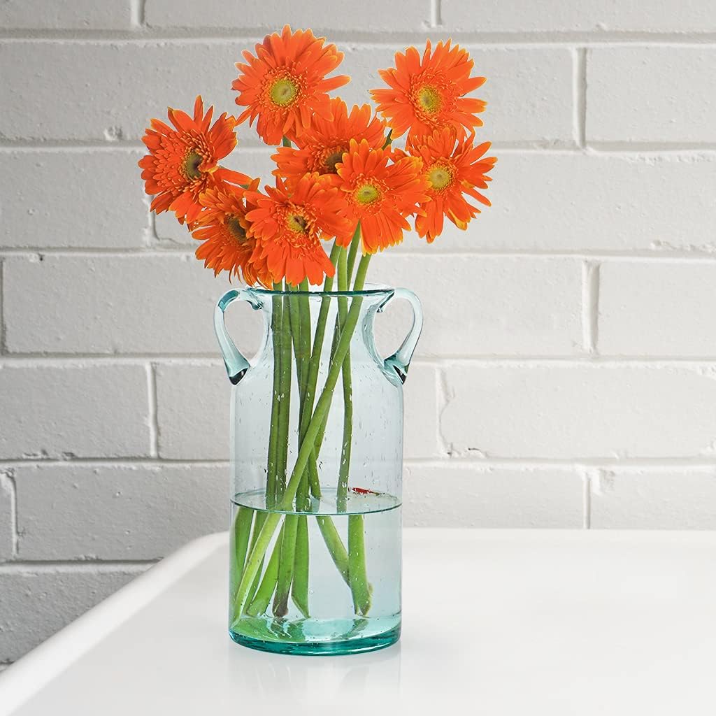 MDLUU Decorative Glass Vase 11" Tall, Bubble Air Flower Vase with Handles, Handblown Jug Vase for Dining Room, Bedroom, Bathroom, Mantel