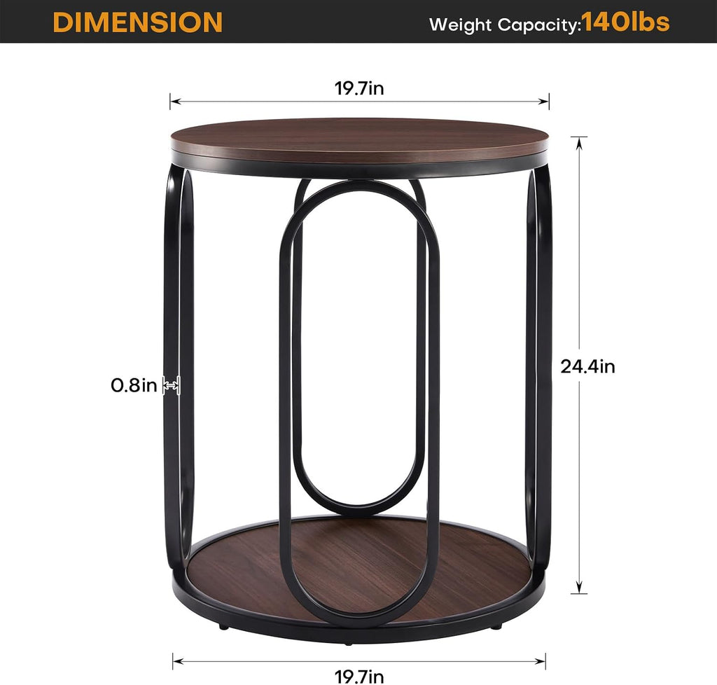 BECHAEO Small Side Table 19.7", 2-Tier Round Bedside Table with Storage, Wood Industrial Design End Tables for Living Room, Bedroom, Office, Bathroom, Dark Coffee
