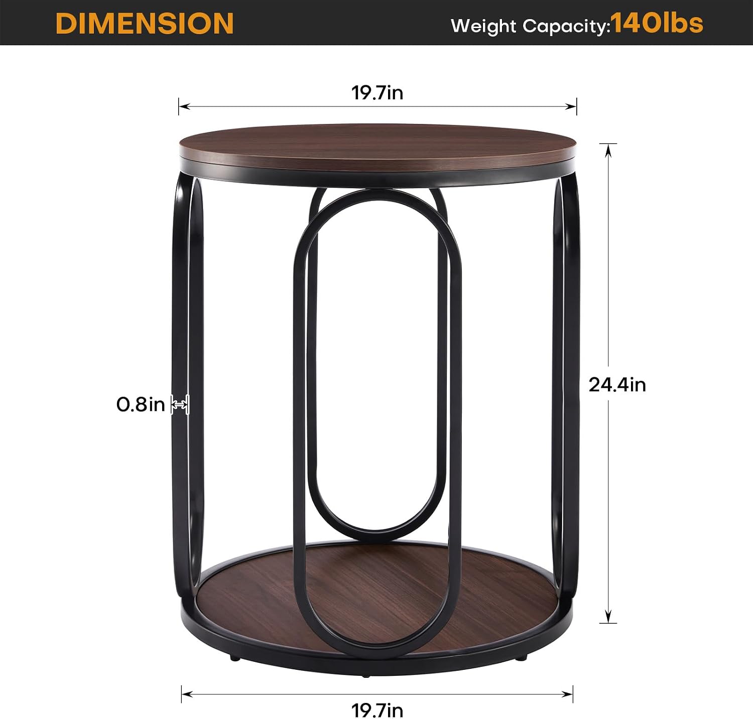 BECHAEO Small Side Table 19.7", 2-Tier Round Bedside Table with Storage, Wood Industrial Design End Tables for Living Room, Bedroom, Office, Bathroom, Dark Coffee