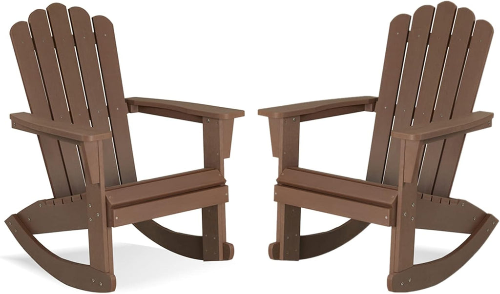Psilvam Adirondack Rocking Chair Set of 2, Eco-Friendly Wood-Style Outdoor Patio Rocker - Heavy Duty 350 lbs Capacity, All-Weather Recycled Plastic, Easy Assembly (Brown)