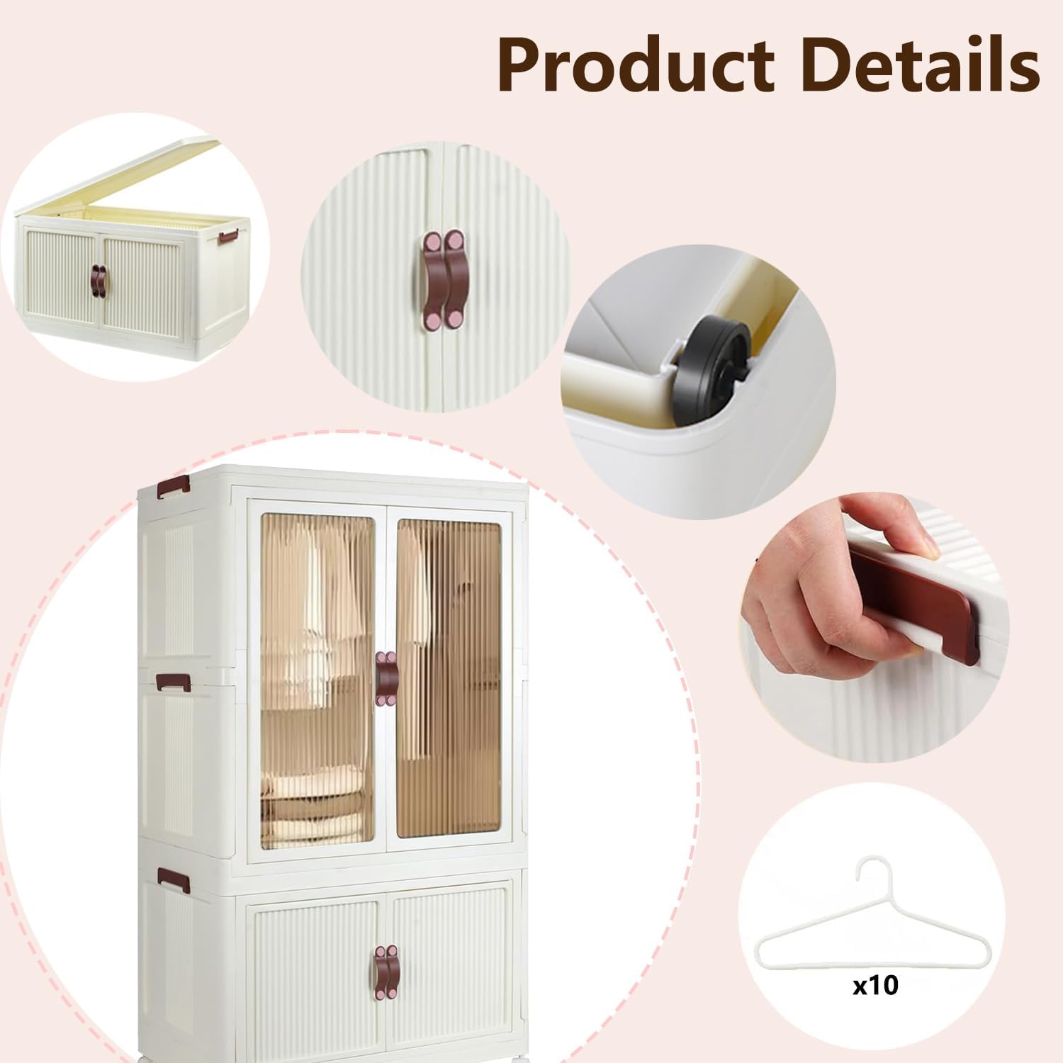 Portable Plastic Wardrobe Closet, Foldable Storage Bins for Clothes, Storage Organizers with Lid and Doors, Stackable Closet Wardrobe with 10 Hangers, White