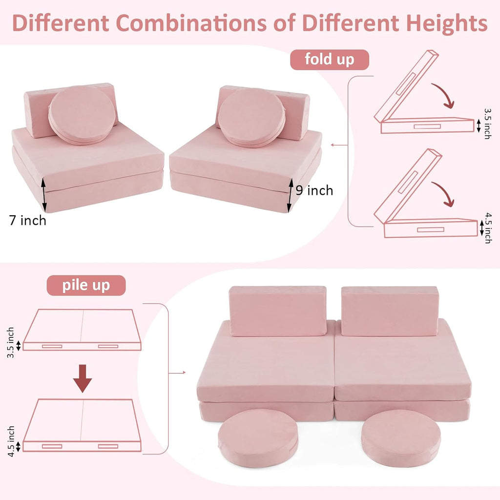 INFANS Modular Kids Play Couch, Toddler Sectional Fort Building Sofa for Playroom, Bedroom, Convertible Soft Foam Furniture Playset and Floor Cushion for Boys and Girls (Pink)