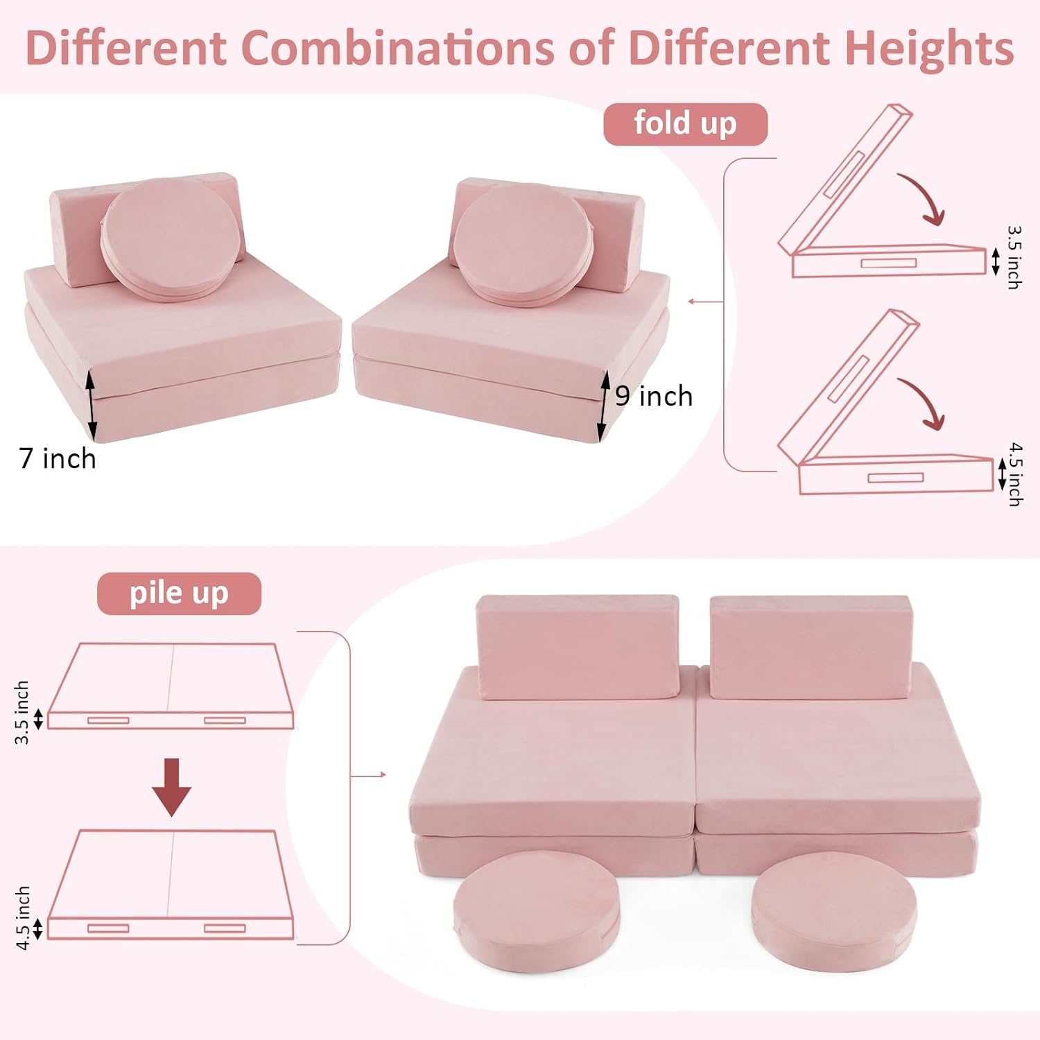 INFANS Modular Kids Play Couch, Toddler Sectional Fort Building Sofa for Playroom, Bedroom, Convertible Soft Foam Furniture Playset and Floor Cushion for Boys and Girls (Pink)