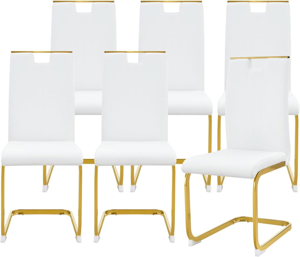 cinkehome Set of 6 Modern Dining Chairs, High Back PU Faux Leather Upholstered Armless Chair with Metal Legs for Kitchen Dining Room Living Room (White with Gold Legs)