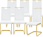 cinkehome Set of 6 Modern Dining Chairs, High Back PU Faux Leather Upholstered Armless Chair with Metal Legs for Kitchen Dining Room Living Room (White with Gold Legs)