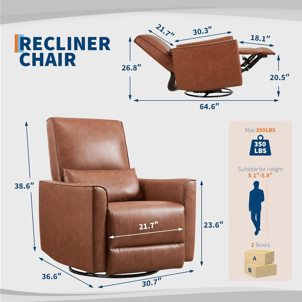 Swivel Rocking Nursery Recliner Chair, Glider Rocker Recliner with High Backrest & Deep Seat, PU Leather Sofa Chair for Nursery, Living Room, Bedroom and Home Theater, Brown