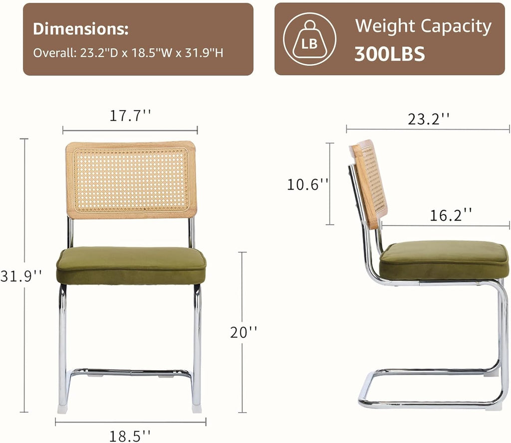 Mid Century Modern Dining Chairs Set of 2, Rattan Dining Chairs with Cane Back and Upholstered Seat, Chrome Cantilever Metal Frame, Kitchen & Dining Room Chairs, Sillas de Comedor (Green)