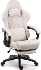 Big and Tall Gaming Chair with Massage and Footrest, Ergonomic High Back PU Leather Computer Office Chair for Heavy Adults, Supports 350LBS, Modern Ivory