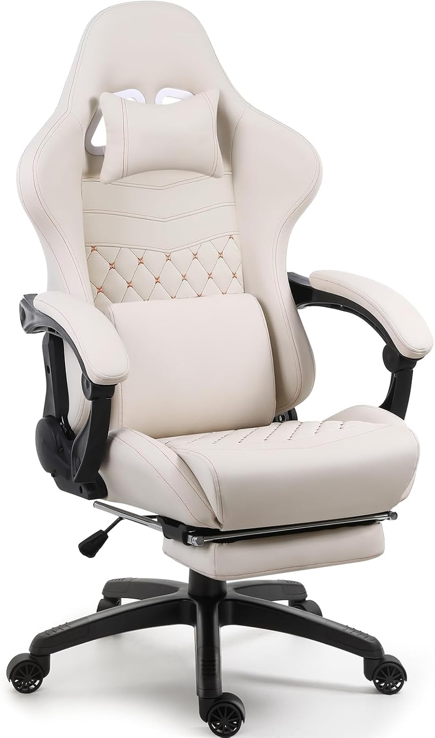 Big and Tall Gaming Chair with Massage and Footrest, Ergonomic High Back PU Leather Computer Office Chair for Heavy Adults, Supports 350LBS, Modern Ivory