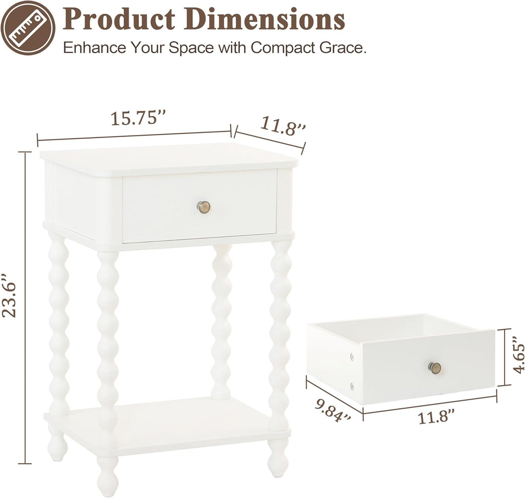 AWASEN White Nightstand, Small Side Table with Drawer for Living Room, Farmhouse End Bedside Table with Spindle Wood Legs for Bedroom, Office, White