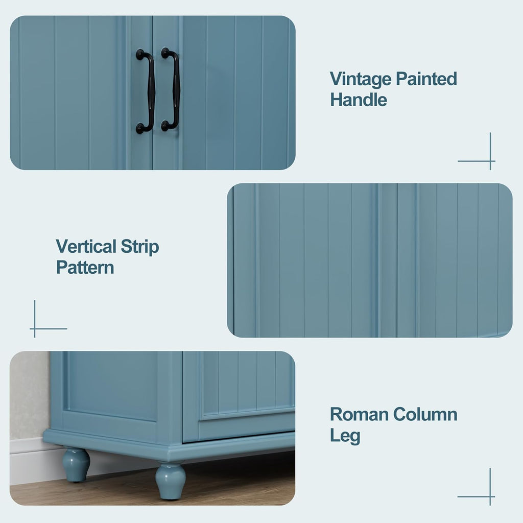 Scurrty Sideboard Buffet Cabinet, 62'' Large Storage Cabinet with Drawers and 4 Doors, Vintage Coffee Bar Cabinets with Adjustable Shelf for Kitchen, Living Room, Blue