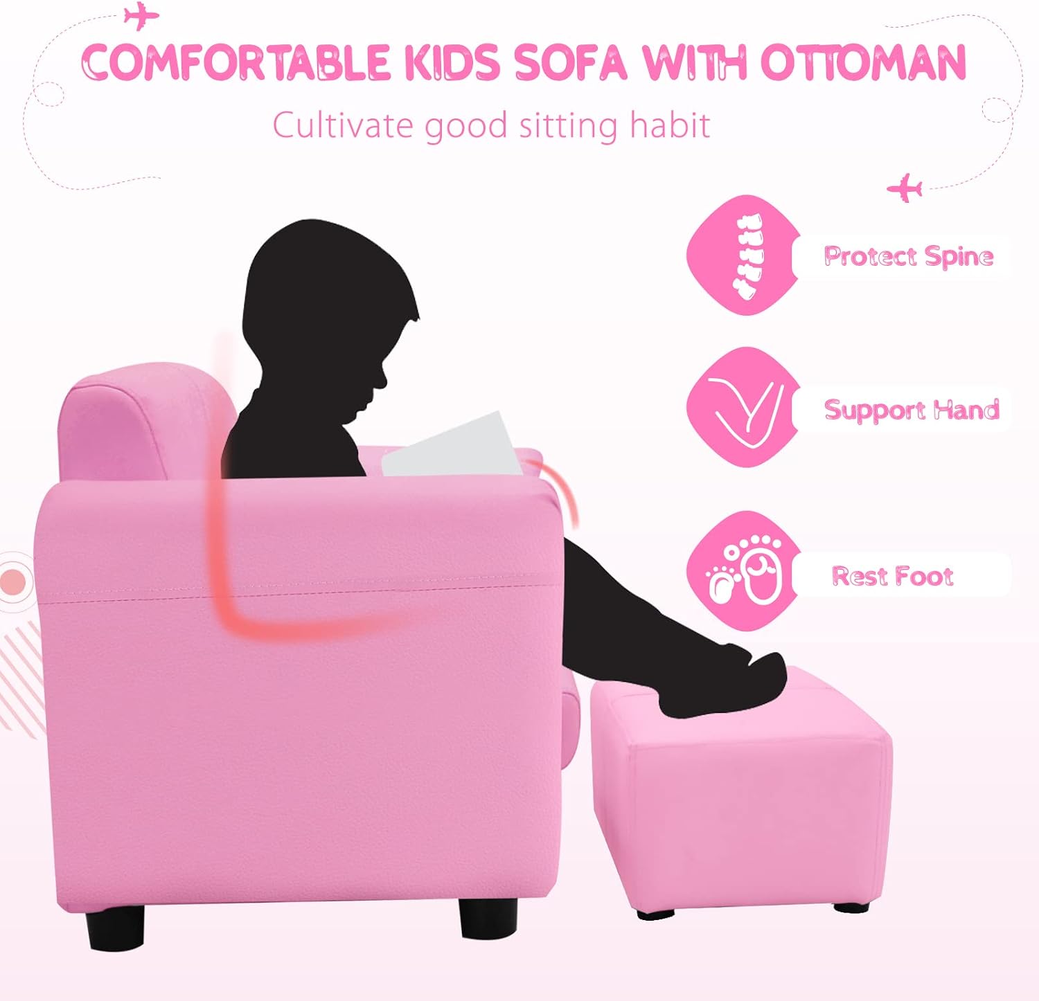INFANS 2 Seat Children Sofa with Footstool, Sturdy Wood Construction, Armrest Couch for Preschool Kids, Kid Couch Lounge Bed with Ottoman