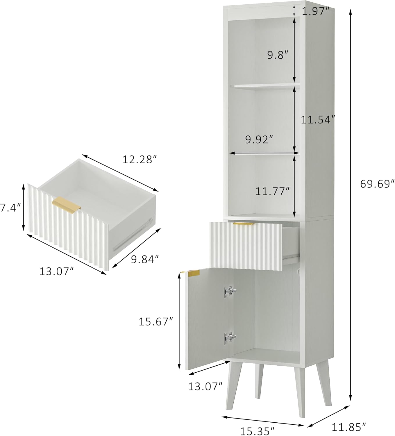 70-Inch Height Storage Cabinet with Fluted Doors, White Freestanding Modern Accent Floor Organizer for Kitchen, Pantry and Bathroom, w/Drawer & Adjustable Shelves