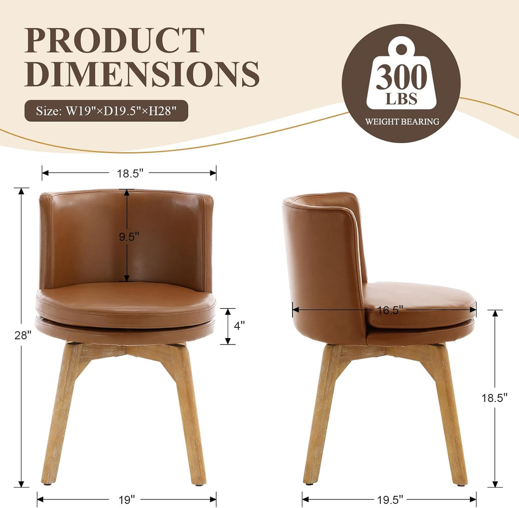Swivel Dining Chairs Set of 2, 360° Rotating Kitchen Chairs with Solid Rubber Wood Legs, Upholstered Barrel Back Dining Room Seating for Modern Home/Kitchen - Bronw PU