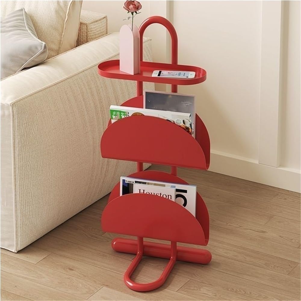 Narrow Side Table for Small Spaces with Magazine Holder, Metal Slim Side Table, Vintage 3 Tier Skinny Nightstand, Floor-Standing Magazine Rack for Living Room, Study, Balcony(Red)