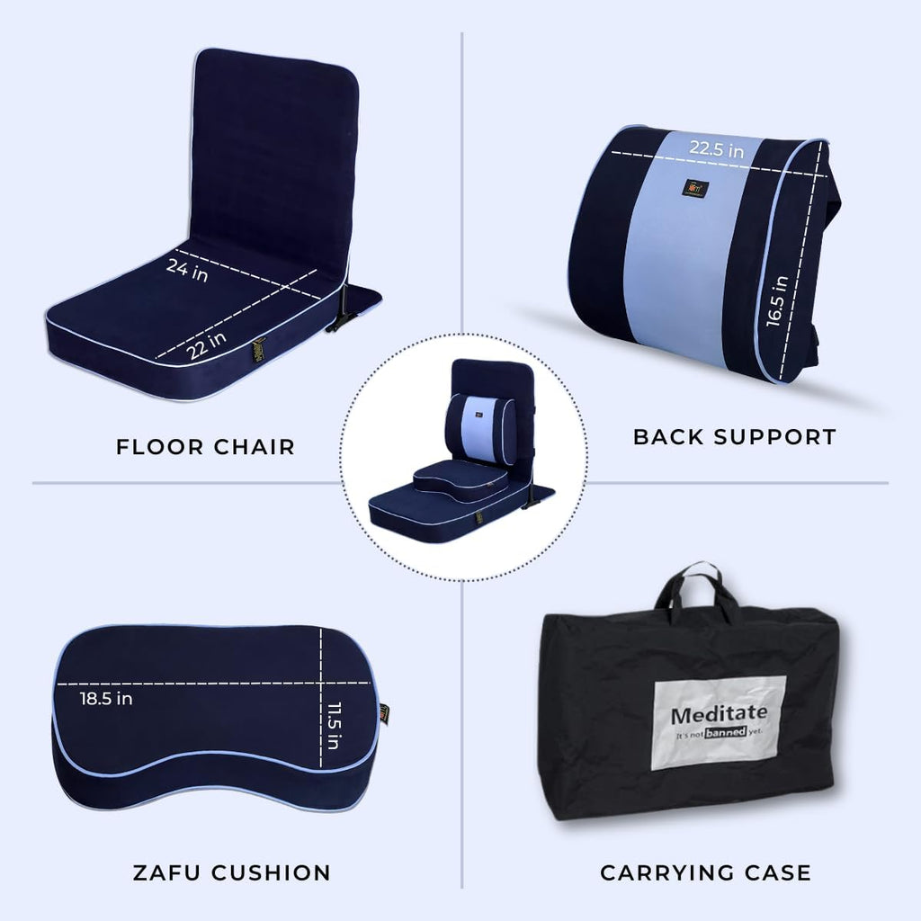 Friends Of Meditation Extra Large Meditation Chair | Floor Chair with Back Support | Yoga Chairs for Adults | Portable Folding Chair | Yoga Chair with Cushion & Meditation Block | Navy Blue | 24x22 in