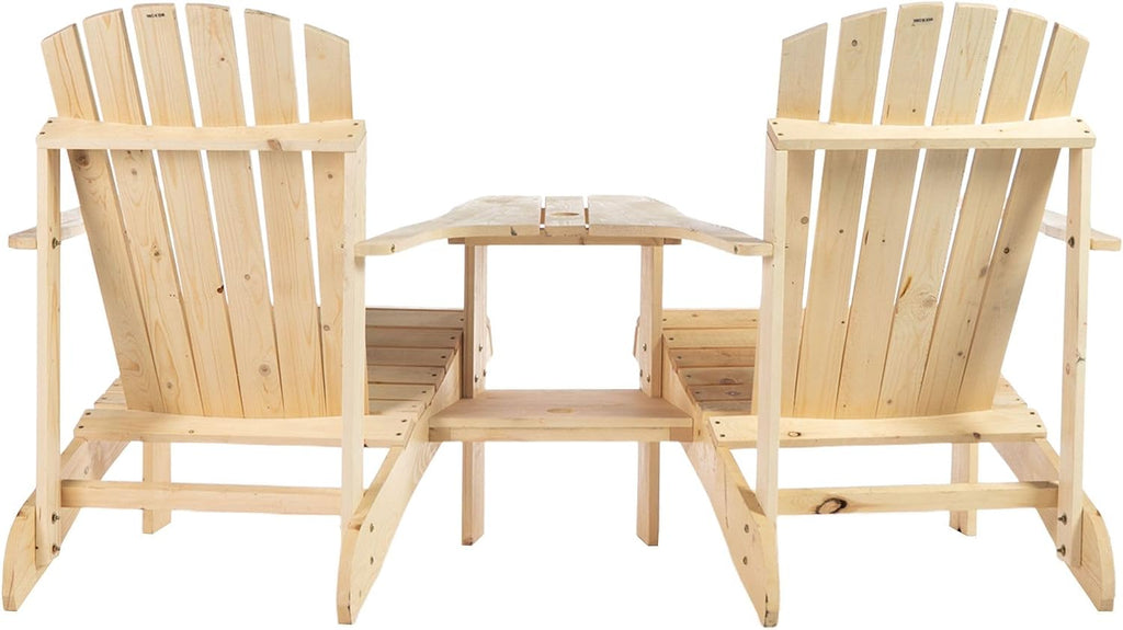 Comfortable 2-Unit Wooden Adirondack Chairs Set Featuring Center Table Umbrella Hole Natural Finish Durable Material Construction