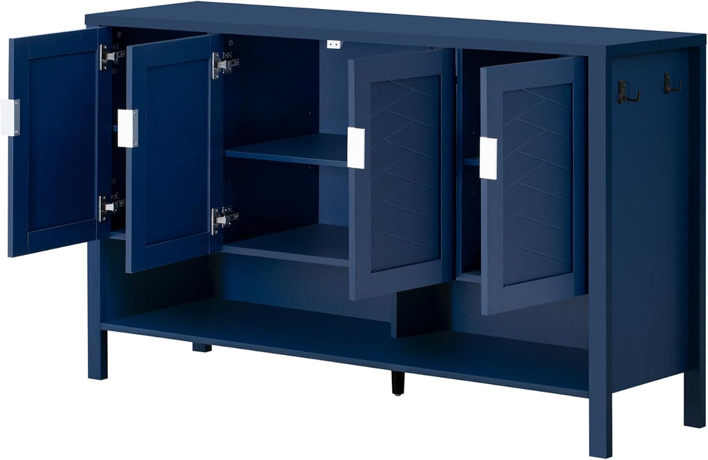 Virubi 55" Sideboard Buffet Cabinet with Storage and Double Hooks, Modern Wood Coffee Bar Cabinet with Open Shelf and 2-Tiers Adjustable Shelves for Living Room, Hallway, Dining, Navy Blue