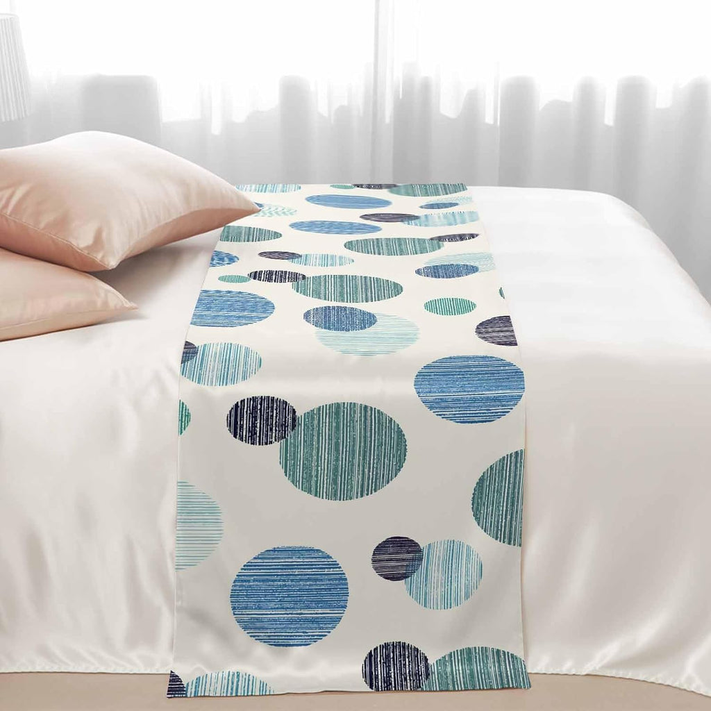 Abstract Geometric Bed Runner Bedding Decorative Scarf for Fits Cal King Bed, Farmhouse Vintage Polka Dot Teal Blue Luxury Fine Print Foot Throw with Satin for Hotels Homes, Guest Rooms, 102" x 20"