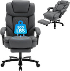 Reclining Office Desk Chair with Footrest Wide Seat Heavy Duty Desk Chair with Lumbar Support, 500lb Faux Leather Big Tall Office Chair with Leg Rest, Grey