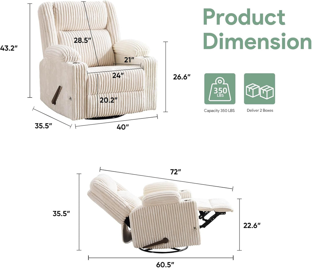 Manual Recliner Chair with Adjustable Headrest, Oversized Swivel Rocker Recliner for Adults with Arm Storage, Nursery Glider Recliner with Phone Stand and Side Pockets for Living Room, Beige