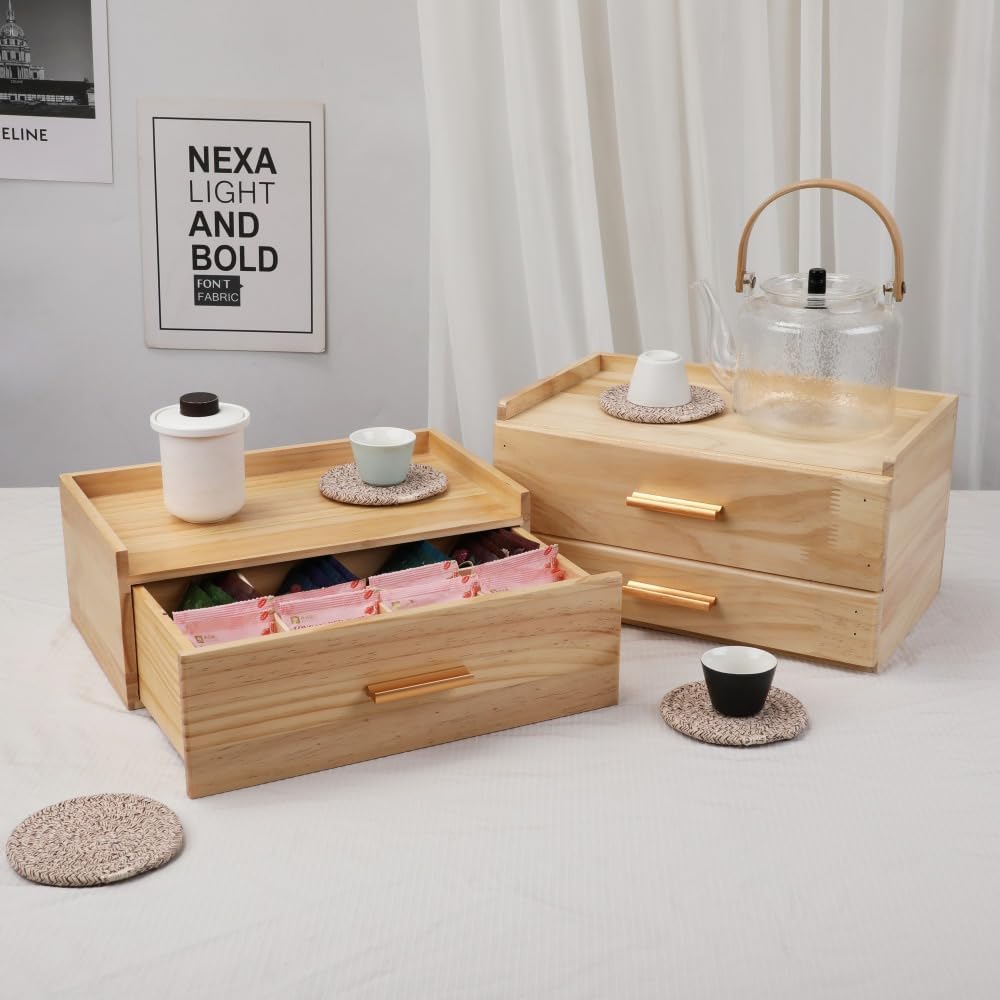 Tea Organizers with Drawer Wooden Tea Box | Teabag Holder with 4 Cotton Woven Coasters，Wooden Storage Box with Drawer