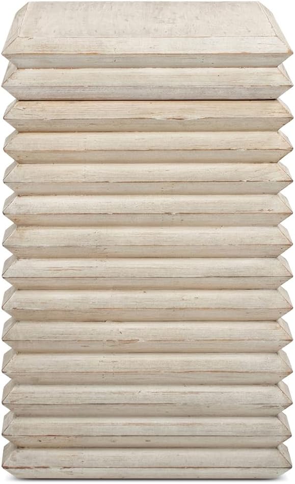 Jennifer Taylor Home Veda 20" Reclaimed Wood Stacked Geometric Waterfall Side Table, Whitewashed Natural Reclaimed Pine Wood
