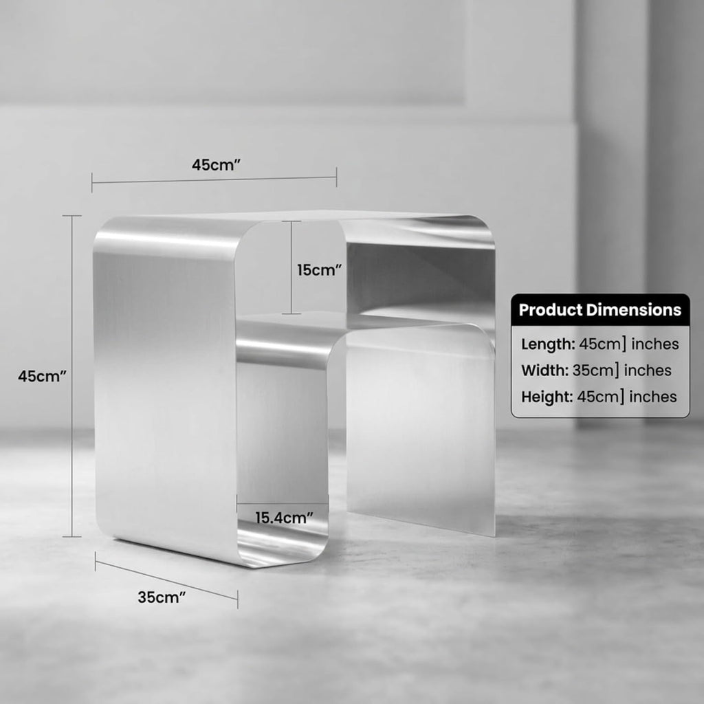 Stainless Steel Side Table, Modern End Table with Double Storage, One-Piece Forming Design, No Assembly, Silver Accent Table for Living Room Bedroom Balcony (2.0 Thickness)
