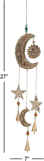 Deco 79 Mango Wood Sun and Moon Windchime with Glass Beads and Cone Bells, 7" x 1" x 27", Gold