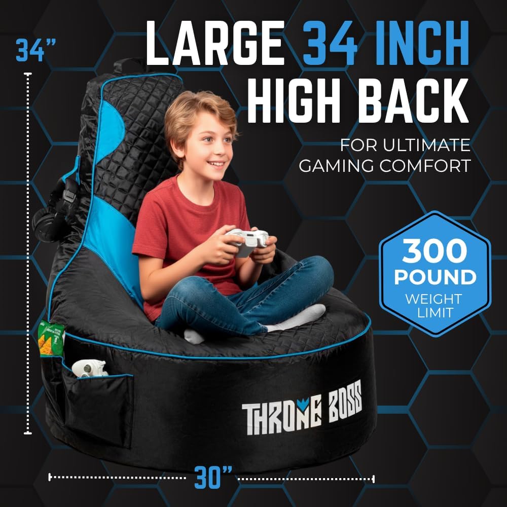 Gaming Bean Bag Chair Cover for Kids, High Back, Large Pockets, Blue