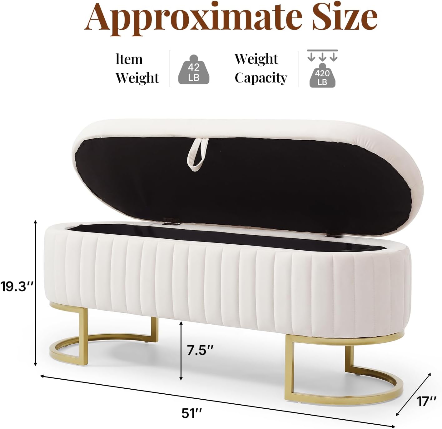 50.5" Velvet Storage Bench for Bedroom, Queen Size End of Bed Bench with Gold Legs, Modern Glam Channeled Tufted Ottoman Bench for Entryway, Living Room, Window Seat, Beige