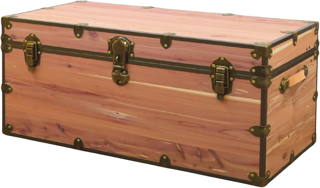 Rhino Trunk & Case Knotty Cedar Chest with Antique Brass Hardware – 32"x18"x14" Large Storage Box, Coffee Table, End of Bed Trunk or Entryway Storage Bench Furniture – USA-Made, Heirloom Aesthetic
