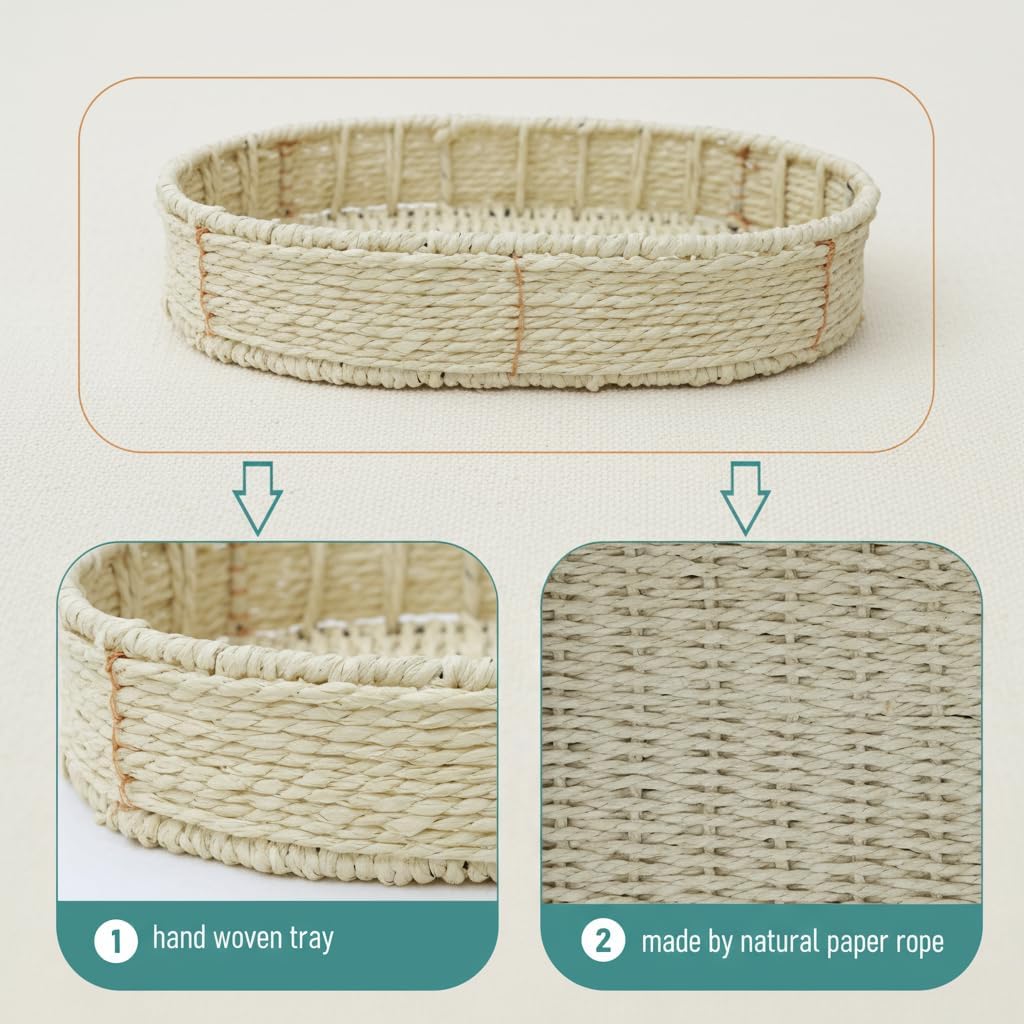 3-Tier Storage Side Table with Paper Rope Woven Baskets, Black Metal Frame, Natural Oval Trays, 11.81x8.26x28.74 Inches, Modern Farmhouse Design for Living Room, Kitchen